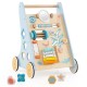 Wooden baby walker activity center in blue with xylophone, mirror, and shape sorters for learning and play.