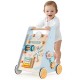 Wooden baby walker activity center in blue showcasing multiple beads, a rolling drum, and flippable blocks for skill.