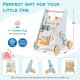 Wooden baby walker activity center in blue, featuring an acrylic mirror and various activity components for sensory.