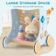 Wooden baby walker in blue with large storage space, featuring a xylophone and shape sorters for learning and play.