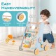 Wooden baby walker in blue with smooth-rolling wheels, easy-to-grip handle, and ocean-themed activity features for.