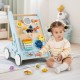 Wooden baby walker activity center in green with xylophone, mirror, and shape sorters for toddlers 1+ years old.
