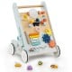 Wooden baby walker activity center in green with xylophone, gears, and mirror, designed for toddlers 1+ years old.