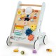 Wooden baby walker activity center in green showcasing flippable blocks and rotary gears for toddlers aged 1+ years.