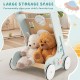 Wooden baby walker in green with large storage space, featuring plush toys, designed for toddlers 1+ years old.
