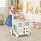 Light green 2-in-1 baby walker with storage, featuring colorful dessert sorter and non-slip wheels for safe play.