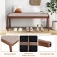 Farmhouse backless bench with rubber wood legs, beige padded seat, and non-slip foot pads for entryway or dining room.