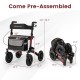 Folding rollator walker for seniors in red, featuring a seat, adjustable height, and large anti-vibration tires.