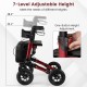 Folding rollator walker in red with adjustable height settings and ergonomic hand grips for seniors' comfort and safety.
