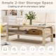 Natural 47-inch rectangular coffee table with open shelves, perfect for living room storage and multi-person gatherings.