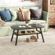 Dark gray 2-tier rectangular coffee table with rattan storage shelf and rubber wood legs, perfect for living room decor.