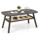 Rectangular dark gray coffee table with rattan storage shelf, rubber wood legs, and 2-tier design for ample storage.