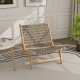 Modern armless lounge chair with brown nylon woven backrest and teak wood frame, perfect for living rooms or porches.