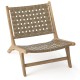 Modern armless lounge chair in teak wood with brown nylon woven backrest, ideal for living rooms and porches.