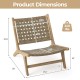 Modern armless teak wood lounge chair dimensions with nylon woven backrest, ideal for living rooms and porches.