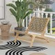 Modern armless teak wood lounge chair with brown nylon woven backrest, ideal for porches and decks.