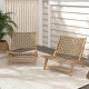Two modern armless lounge chairs made of teak wood with nylon woven seats, perfect for living rooms or porches.