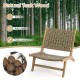 Modern armless teak wood lounge chair with nylon woven backrest, ideal for living rooms and porches.