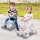 Kids riding on the 2-in-1 push car with LED lighted wheels in pink, featuring adjustable handle and storage basket.