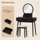 Small black vanity makeup dressing table set with cushioned stool and LED lighted mirror, featuring spacious storage.