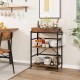 3-tier industrial bar cart in rustic brown with detachable tray, metal shelves, and wheels for versatile kitchen use.