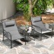 Gray 3-piece outdoor bistro set featuring metal chairs with elastic headrests and a coffee table, ideal for backyard.