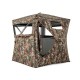Hunting blind with camouflage design, 82" tall, features 270° visibility and accommodates 3-4 hunters for stealthy.