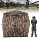 Camouflage hunting blind with 270° visibility, 82" tall, accommodates 3-4 people, ideal for stealthy outdoor use.