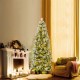 Pencil-shaped 6 FT artificial Christmas tree with warm-white LED lights, set by a cozy fireplace for festive decor.