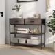 Console table with gray finish, featuring two folding fabric drawers and a sturdy metal frame, ideal for entryway.