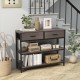 Gray console table featuring two folding fabric drawers and a sturdy metal frame, ideal for entryway storage.