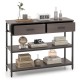 Gray console table showcasing a wide tabletop with decorative items, two fabric drawers, and an industrial metal frame.