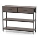 Console table with gray finish, featuring two folding fabric drawers and two open shelves, ideal for entryway storage.