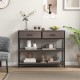 Gray console table showcasing a sturdy metal frame, two folding fabric drawers, and decorative items for stylish.