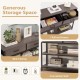 Console table in gray with wide tabletop, two pull-out fabric drawers, and a two-tier open shelf for versatile storage.