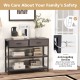 Gray console table with folding fabric drawers, featuring a sturdy metal frame and anti-tipping devices for safety.