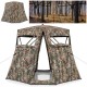 360° one-way see-through ground hunting blind with camouflage pattern, featuring 4 sliding windows for deer and turkey.