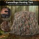 Camouflage hunting tent with 4 one-way see-through panels and sliding windows, designed for stealth in the wilderness.