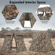 360° one-way see-through hunting blind with camouflage design, featuring 4 adjustable windows and double-sided zippers.