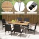 7-piece patio dining set featuring a slatted acacia wood tabletop and rattan armchairs with soft cushions for outdoor.