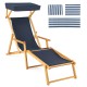 Birch wood chaise lounge chair with navy fabric, adjustable canopy, and foldable design for outdoor relaxation.