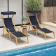Two navy birch wood chaise lounge chairs with adjustable canopies, perfect for poolside relaxation and outdoor.