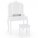 Makeup vanity table set in white with tri-folding lighted mirror, cushioned stool, and spacious storage drawers.