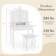 Makeup vanity table set with tri-folding mirror, white finish, and cushioned stool for stylish and functional storage.