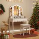 White makeup vanity table set featuring a tri-folding lighted mirror and cushioned stool, enhancing your beauty routine.