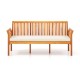Patio 3-seat wood bench made of acacia wood with soft white cushions, perfect for garden or backyard relaxation.