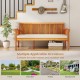 Patio 3-seat wood bench with soft seat cushions, made of acacia wood, ideal for garden and backyard use.