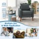 Gray fabric upholstered sofa chair with removable cushions, sturdy rubber wood legs, ideal for reading and resting.