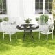 White cast aluminum dining chairs with armrests, stackable design, perfect for outdoor patio or garden use.