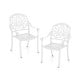 White cast aluminum dining chairs with armrests, stackable design, suitable for outdoor spaces like gardens and patios.